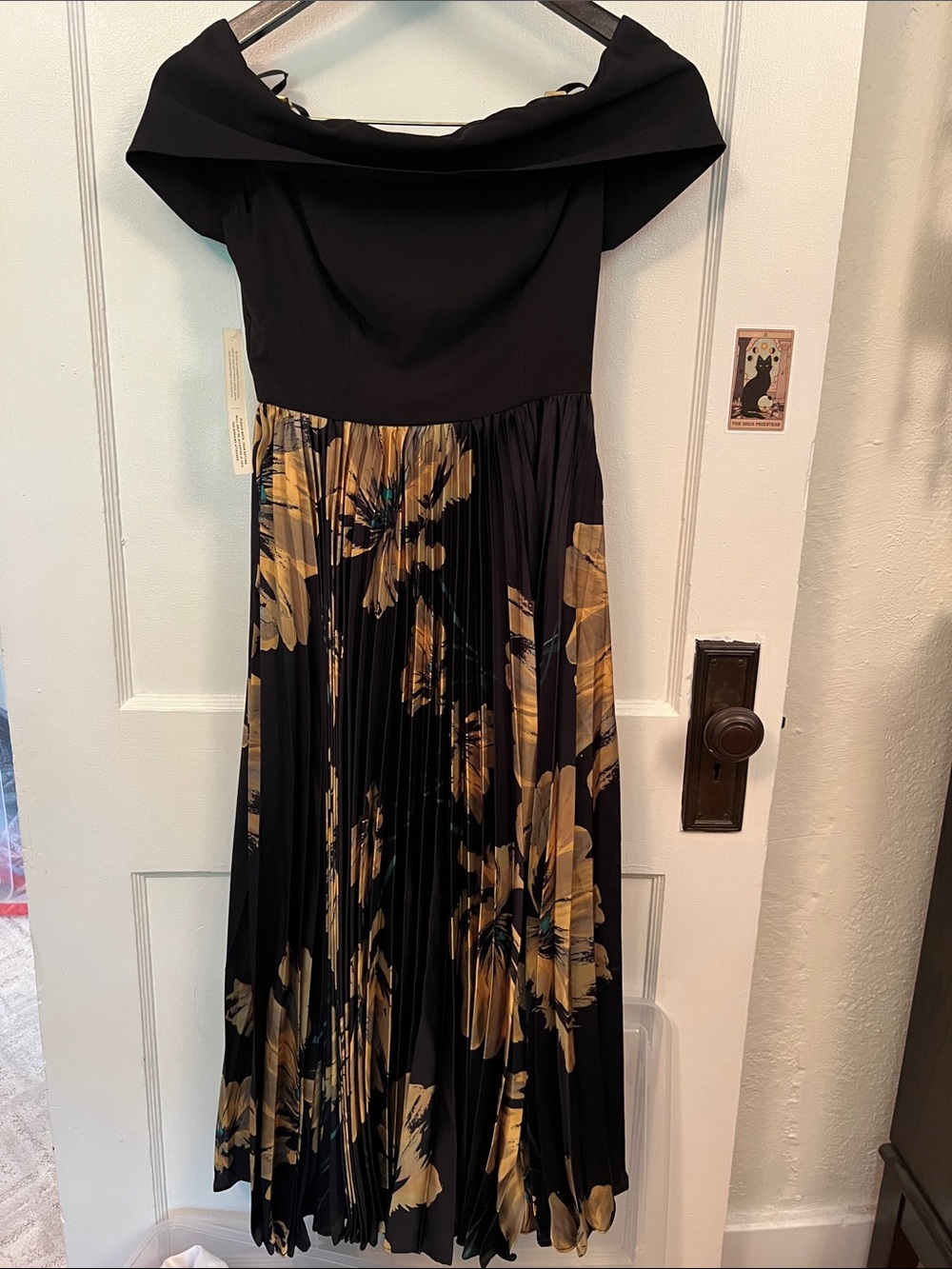 Hutch Off-Shoulder Black Maxi Dress with Gold Floral Pleats